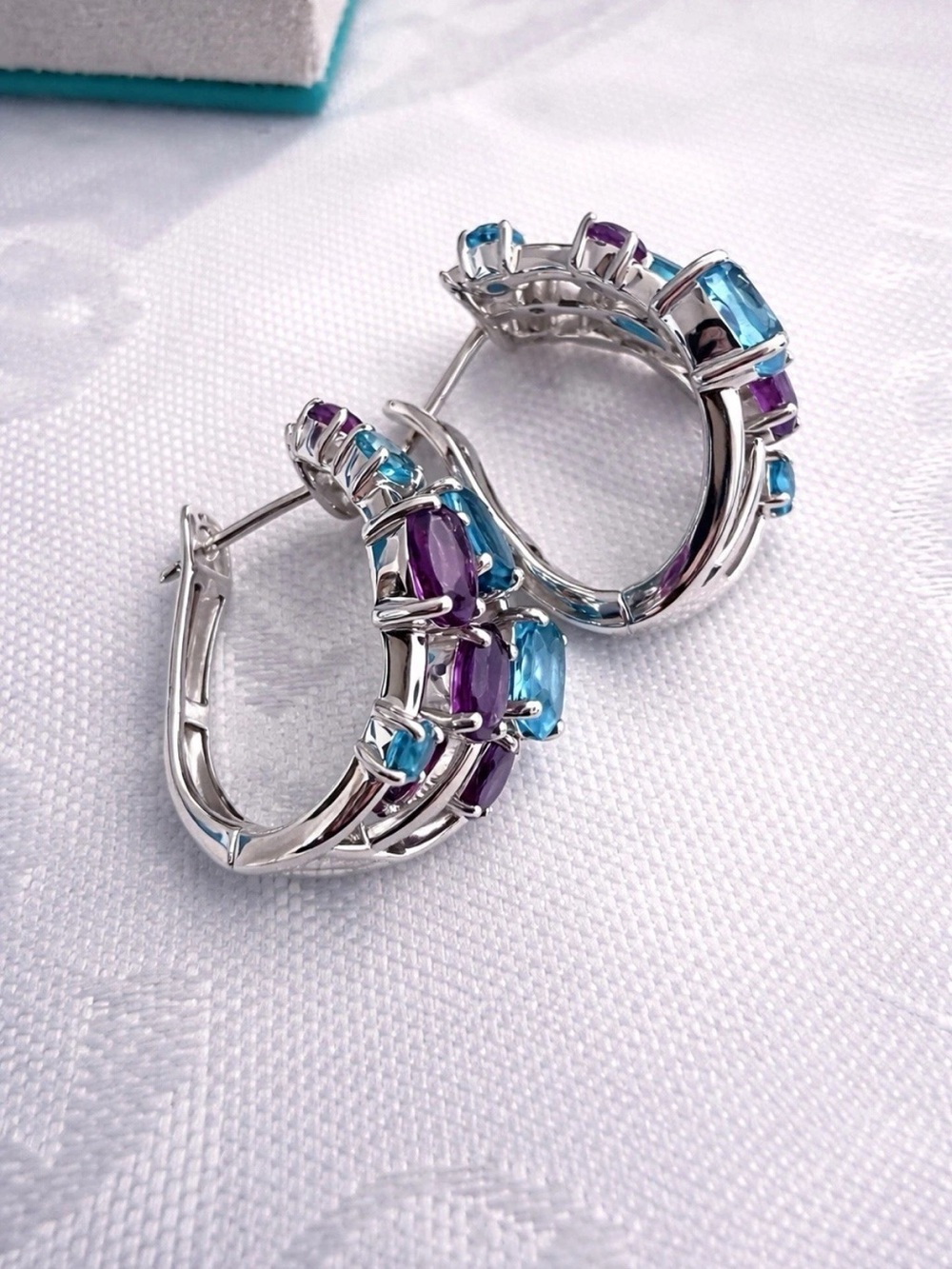 Effy Multi Gemstone Hoop Earrings 925 Sterling Silver Amethyst Blue Topaz NEW - Picture 2 of 4